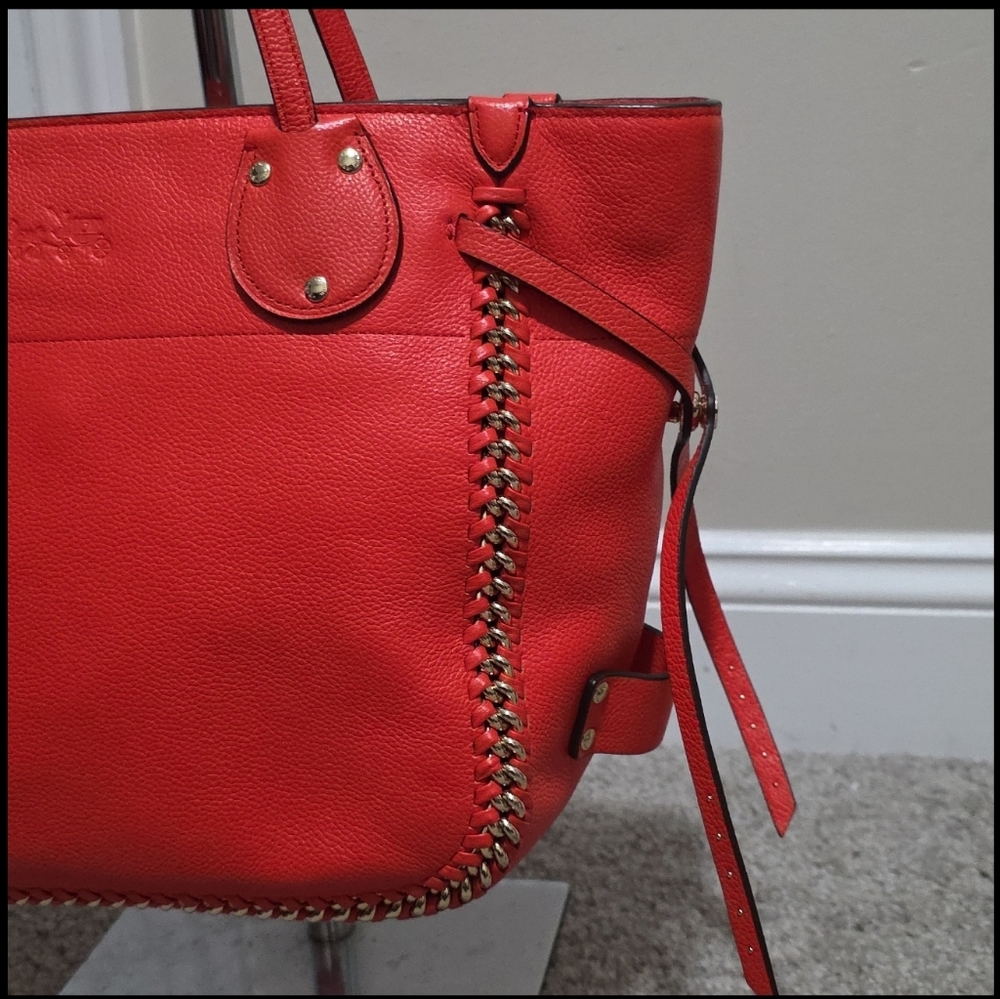 Coach Coral-Red Leather Tote with Whipstitch Accents - Picture 5 of 16
